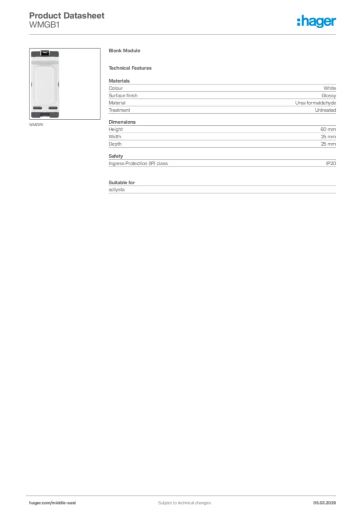 Image Hager Product data sheet WMGB1  | Hager