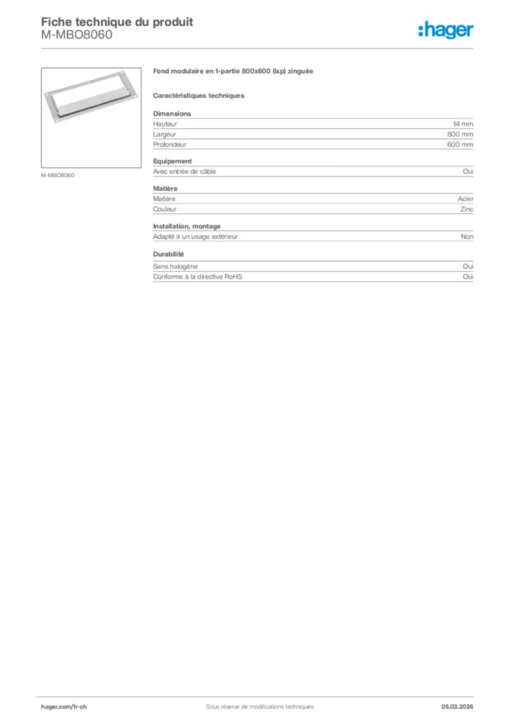 Image Hager Fiche technique du produit M-MBO8060 | Hager Suisse