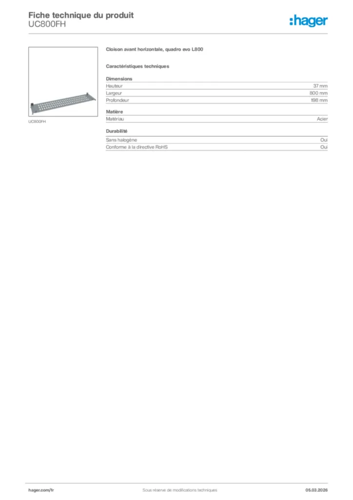 Image Hager Fiche technique du produit UC800FH | Hager France