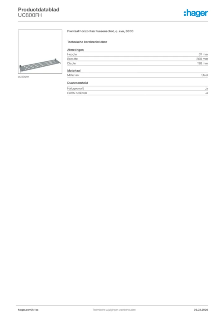 Afbeelding Hager Productdatablad UC800FH | Hager Belgium