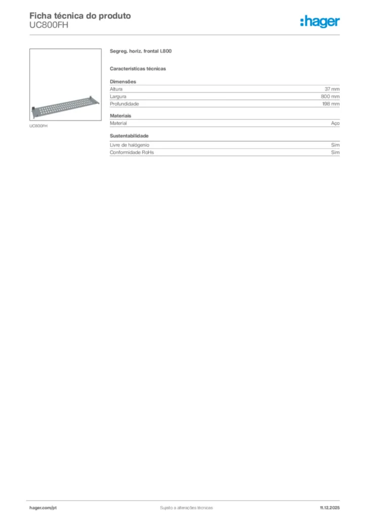 Imagem Hager Ficha técnica do produto UC800FH | Hager Portugal