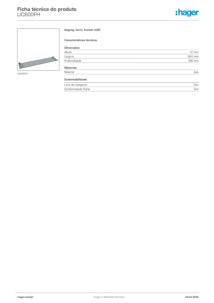 Imagem Hager Ficha técnica do produto UC800FH | Hager Portugal