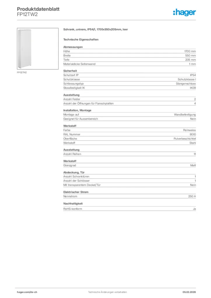 Bild Hager Produktdatenblatt FP12TW2 | Hager Schweiz
