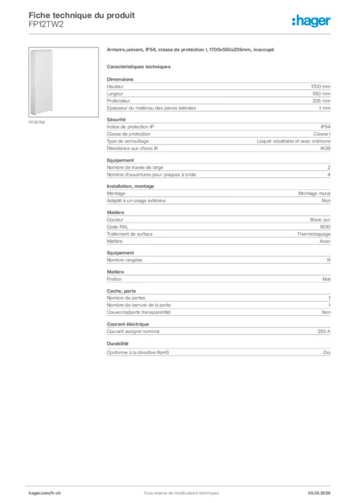 Image Hager Fiche technique du produit FP12TW2 | Hager Suisse