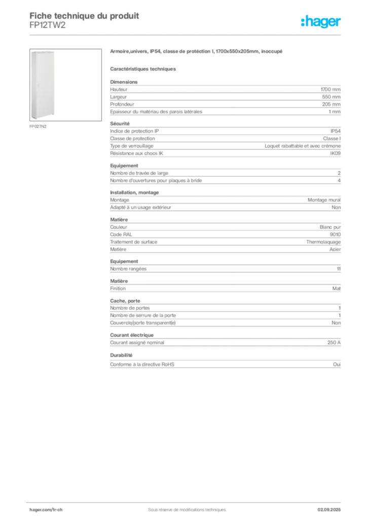 Image Hager Fiche technique du produit FP12TW2 | Hager Suisse