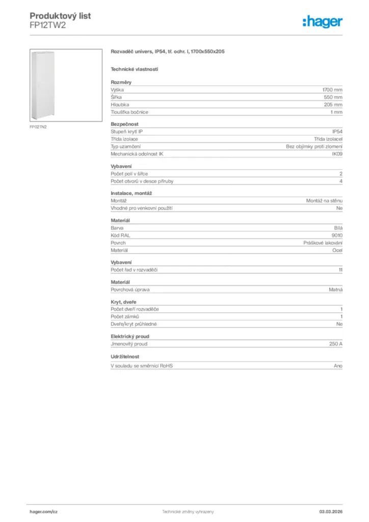 Obrázek Hager Product data sheet FP12TW2 | Hager