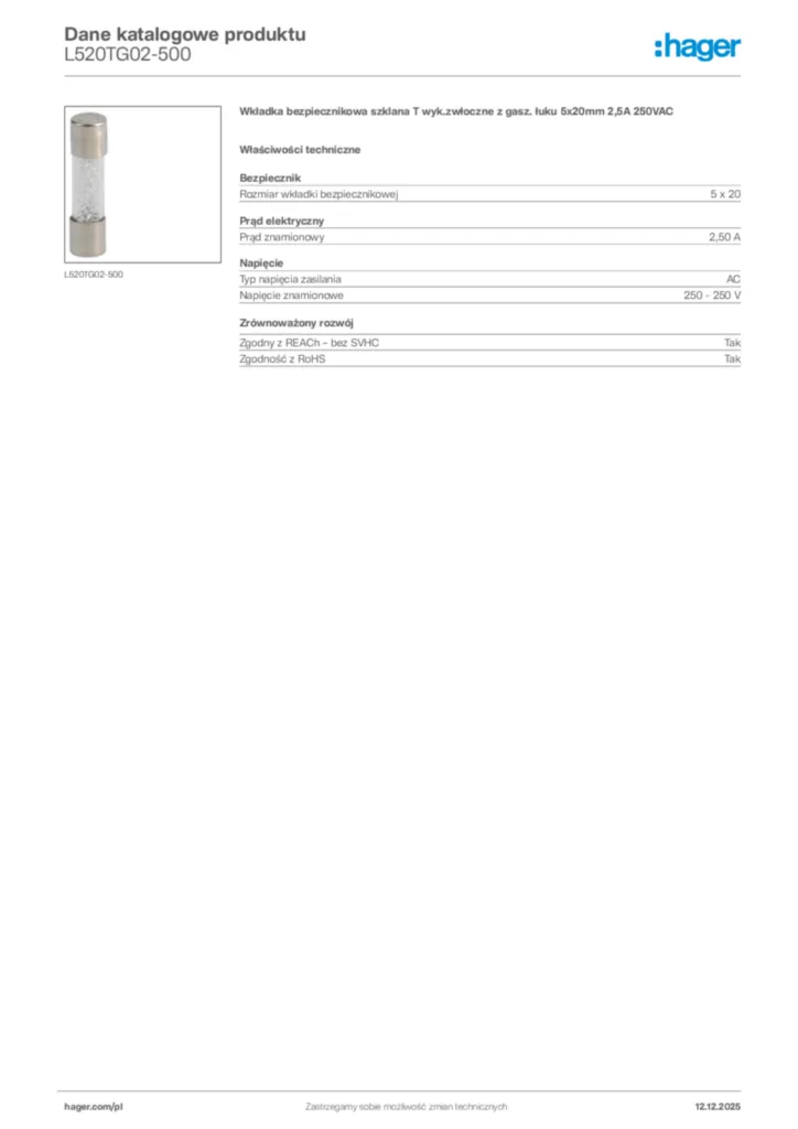 Zdjęcie Hager Karta katalogowa L520TG02-500 | Hager Polska
