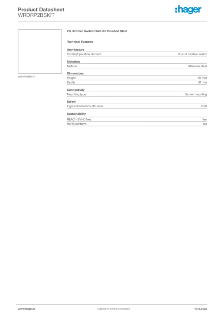 Image Hager Product data sheet WRDRP2BSKIT  | Hager