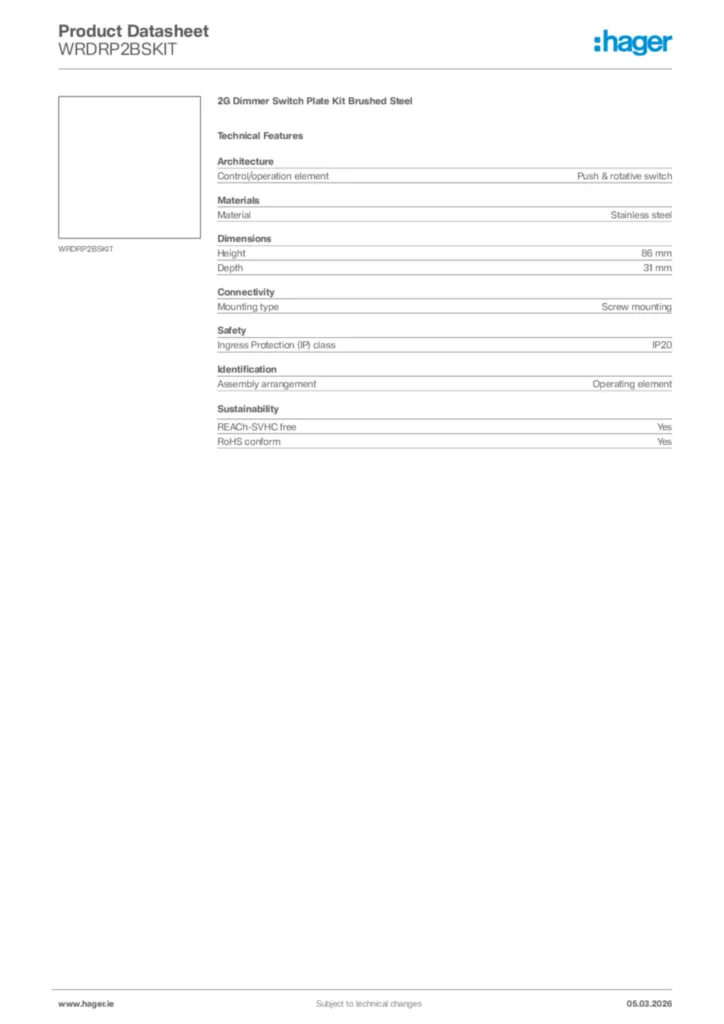 Image Hager Product data sheet WRDRP2BSKIT  | Hager