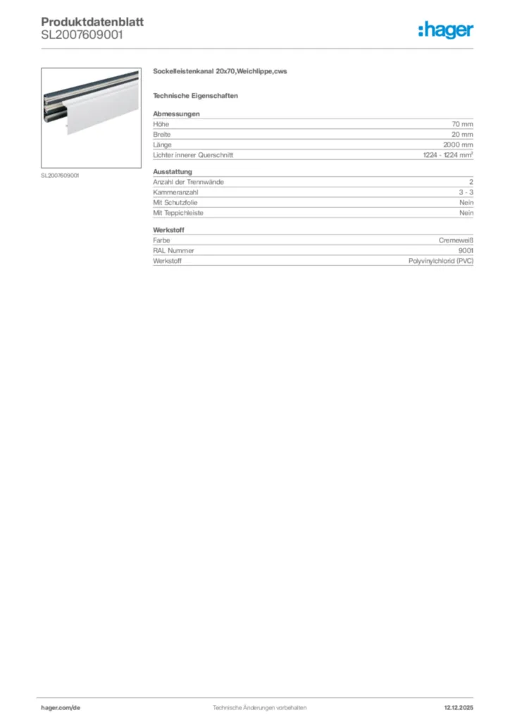 Bild Hager Produktdatenblatt SL2007609001 | Hager Deutschland