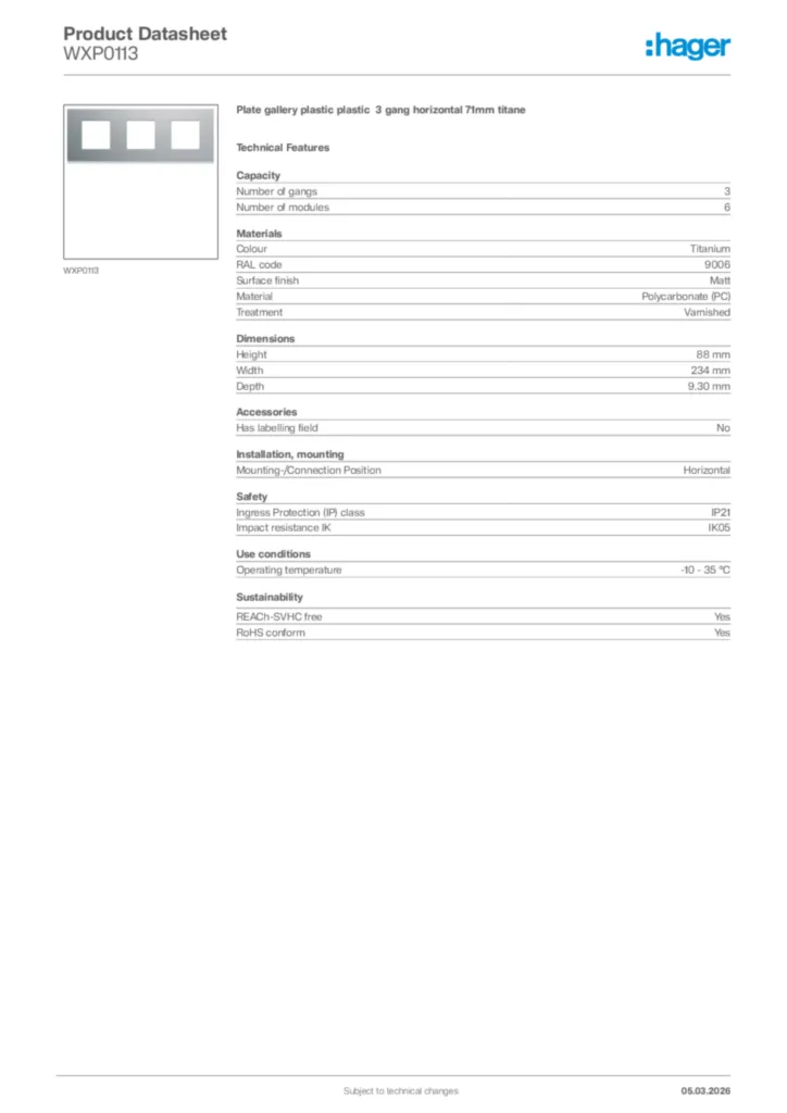 Image Hager Product data sheet WXP0113  | Hager Africa
