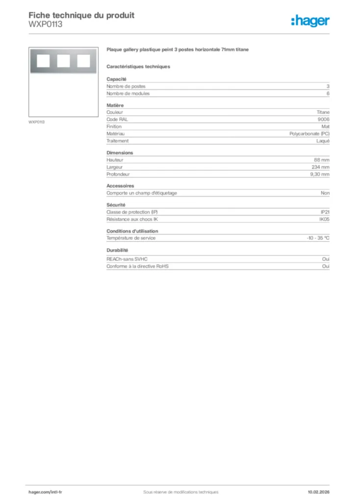 Image Hager Fiche technique du produit WXP0113 | Hager Afrique
