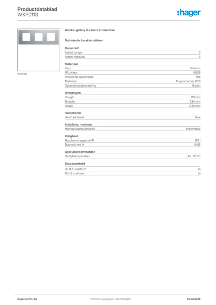 Afbeelding Hager Productdatablad WXP0113 | Hager Belgium