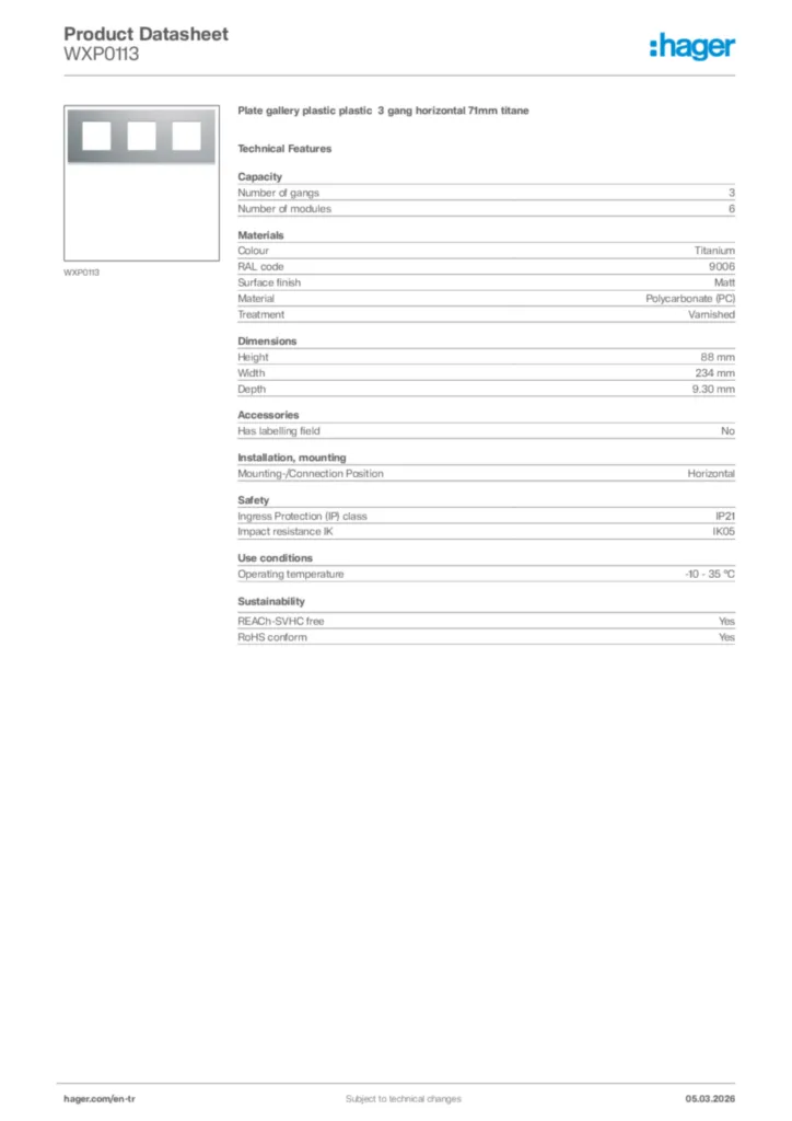 Image Hager Product data sheet WXP0113  | Hager