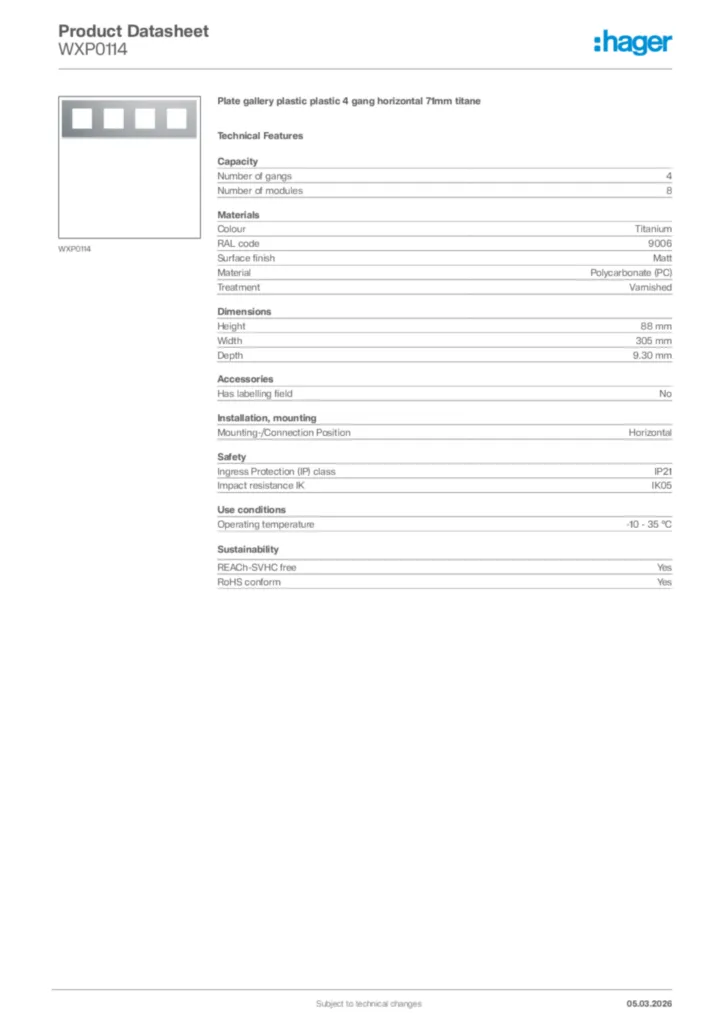 Image Hager Product data sheet WXP0114  | Hager Africa