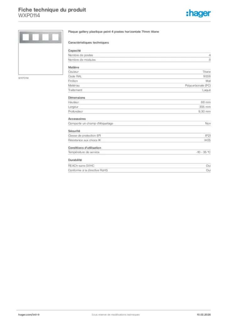 Image Hager Fiche technique du produit WXP0114 | Hager Afrique
