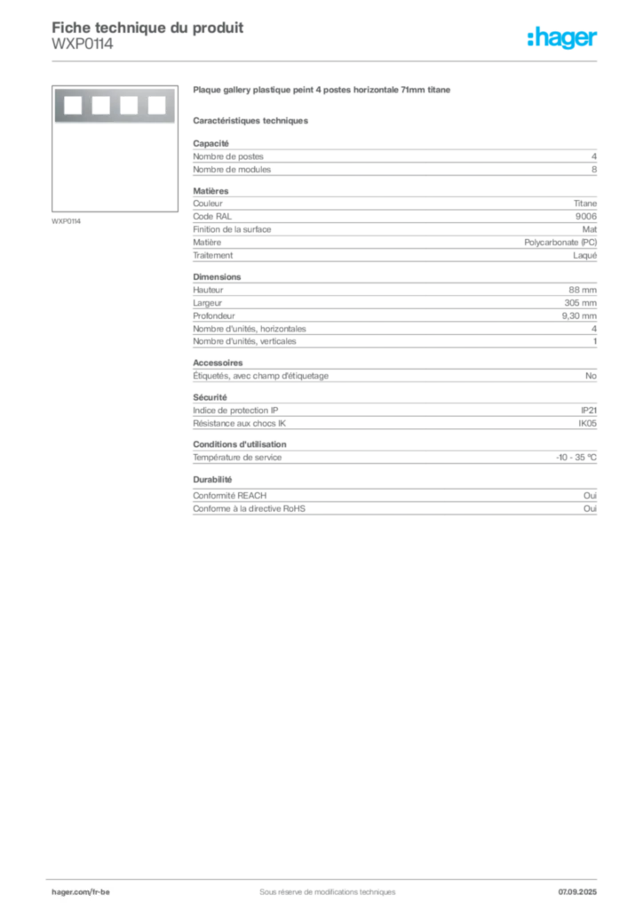 Image Hager Fiche technique du produit WXP0114 | Hager Belgique