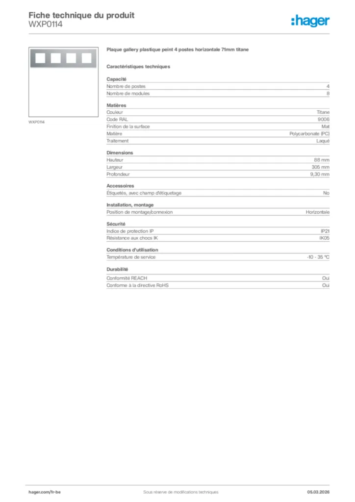 Image Hager Fiche technique du produit WXP0114 | Hager Belgique