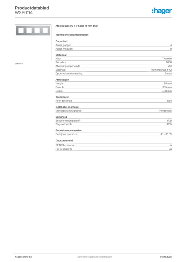 Afbeelding Hager Productdatablad WXP0114 | Hager Belgium
