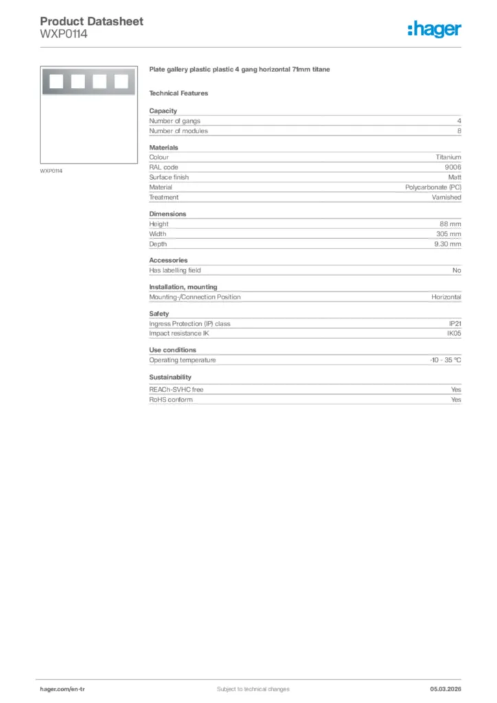 Image Hager Product data sheet WXP0114  | Hager