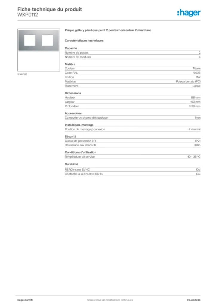 Image Hager Fiche technique du produit WXP0112 | Hager France