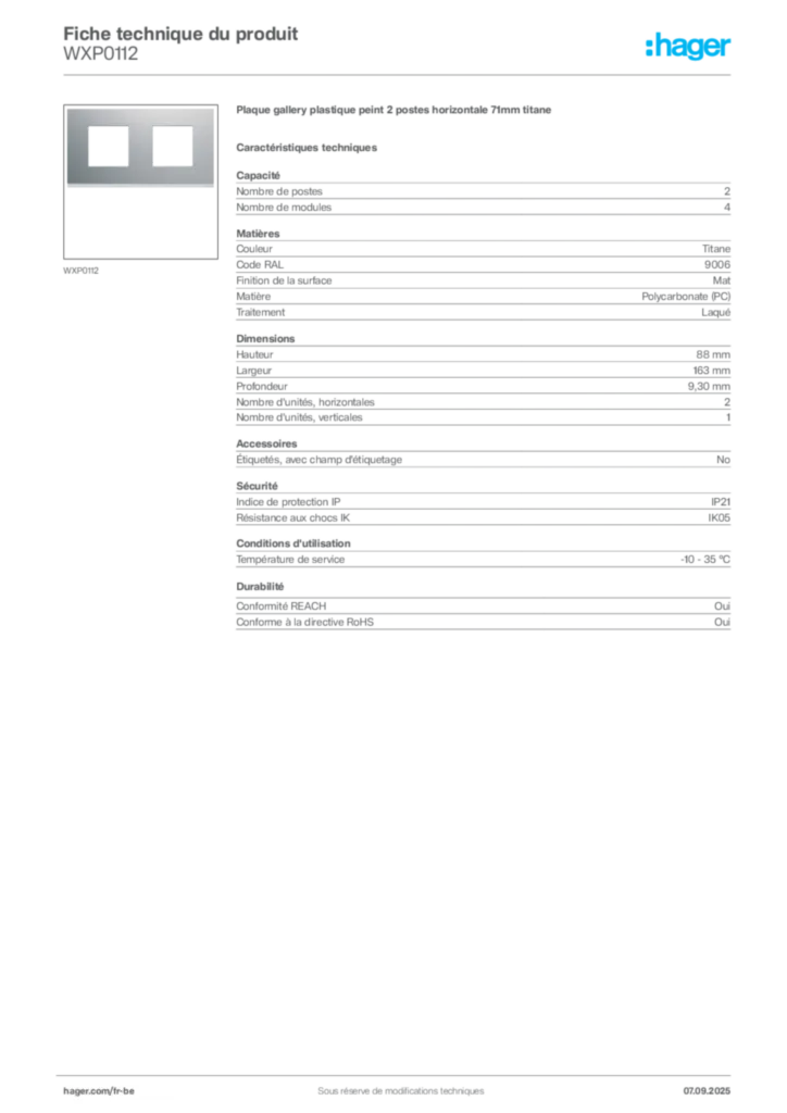 Image Hager Fiche technique du produit WXP0112 | Hager Belgique