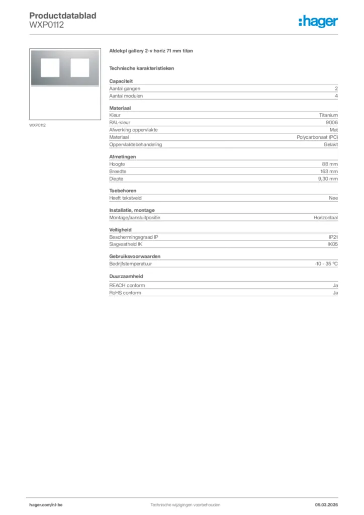 Afbeelding Hager Productdatablad WXP0112 | Hager Belgium