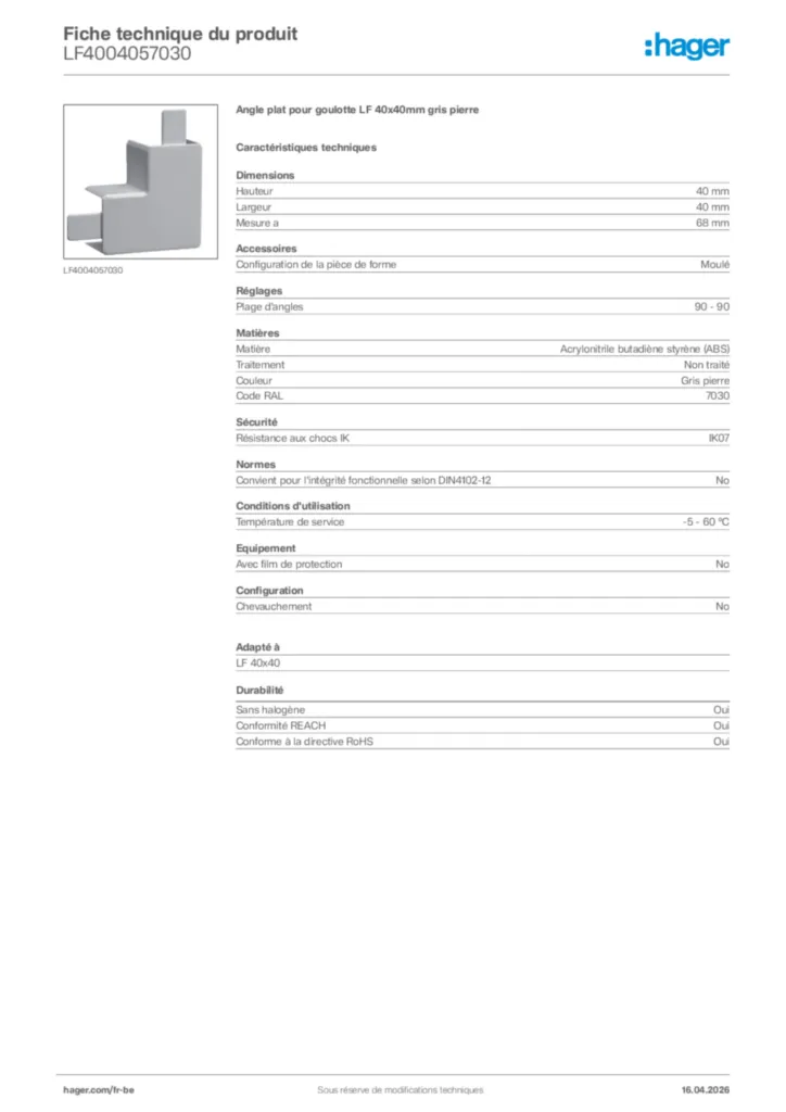 Image Hager Fiche technique du produit LF4004057030 | Hager Belgique