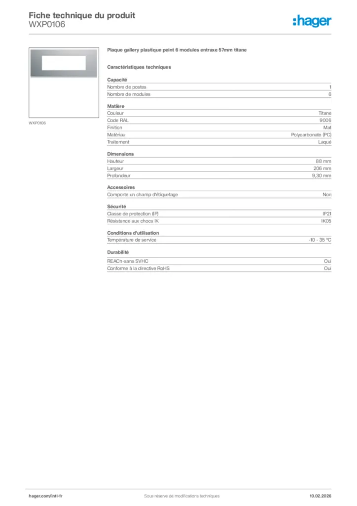 Image Hager Fiche technique du produit WXP0106 | Hager Afrique