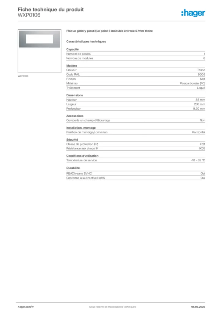 Image Hager Fiche technique du produit WXP0106 | Hager France