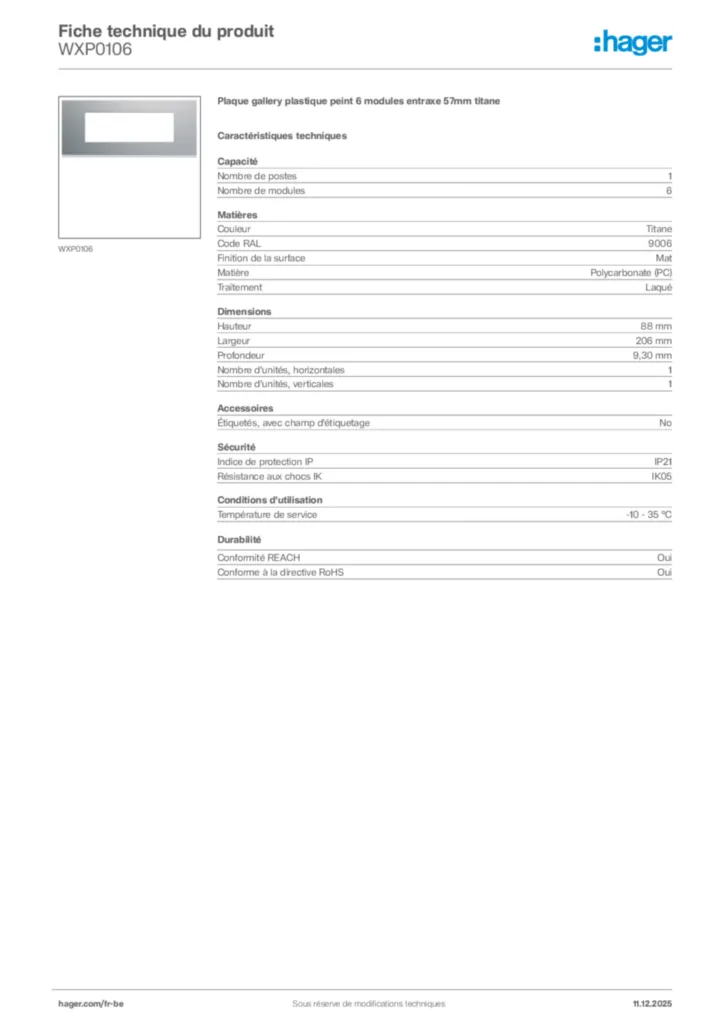 Image Hager Fiche technique du produit WXP0106 | Hager Belgique