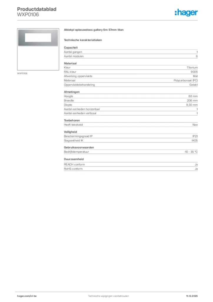 Afbeelding Hager Productdatablad WXP0106 | Hager Belgium