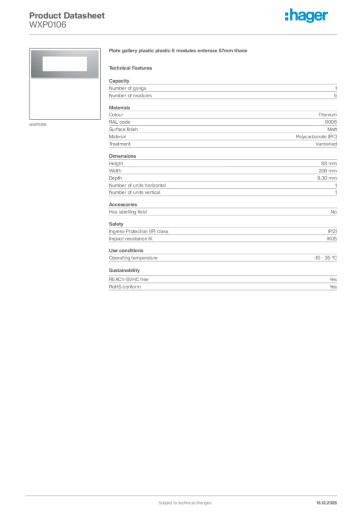 Image Hager Product data sheet WXP0106  | Hager