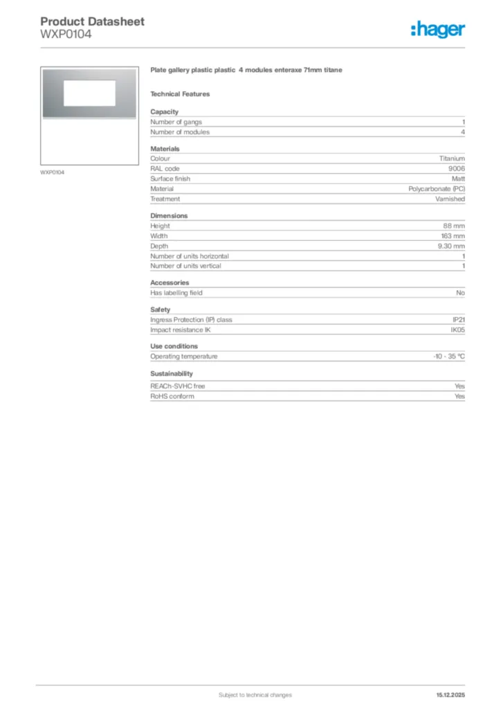 Image Hager Product data sheet WXP0104  | Hager