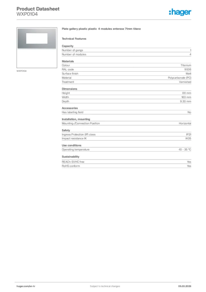 Image Hager Product data sheet WXP0104  | Hager