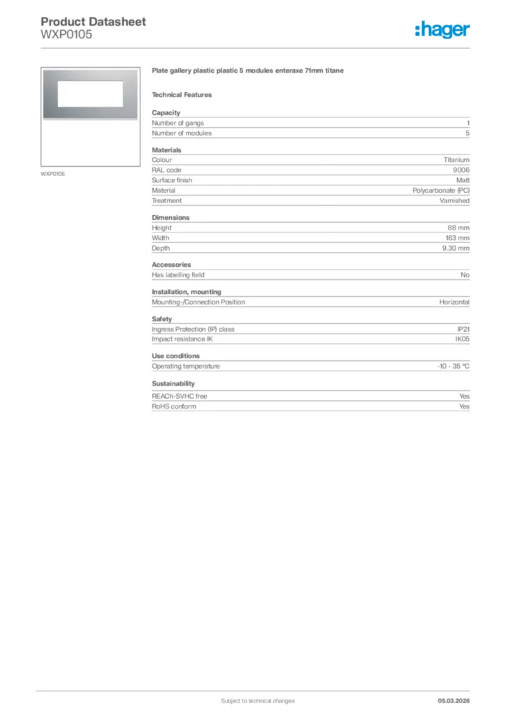 Image Hager Product data sheet WXP0105  | Hager Africa