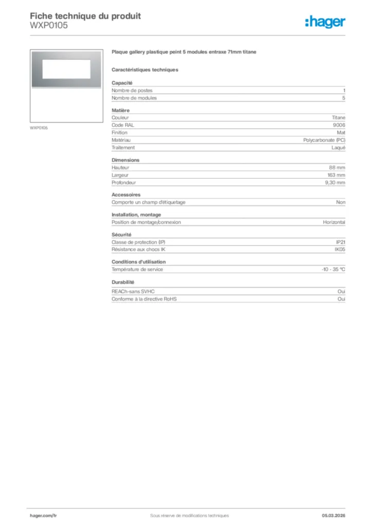 Image Hager Fiche technique du produit WXP0105 | Hager France