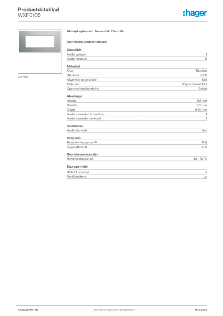 Afbeelding Hager Productdatablad WXP0105 | Hager Belgium