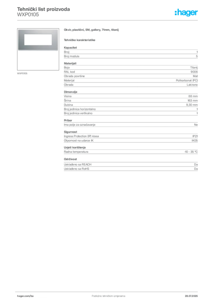Slika Hager Product data sheet WXP0105  | Hager