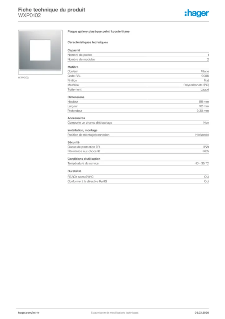Image Hager Fiche technique du produit WXP0102 | Hager Afrique