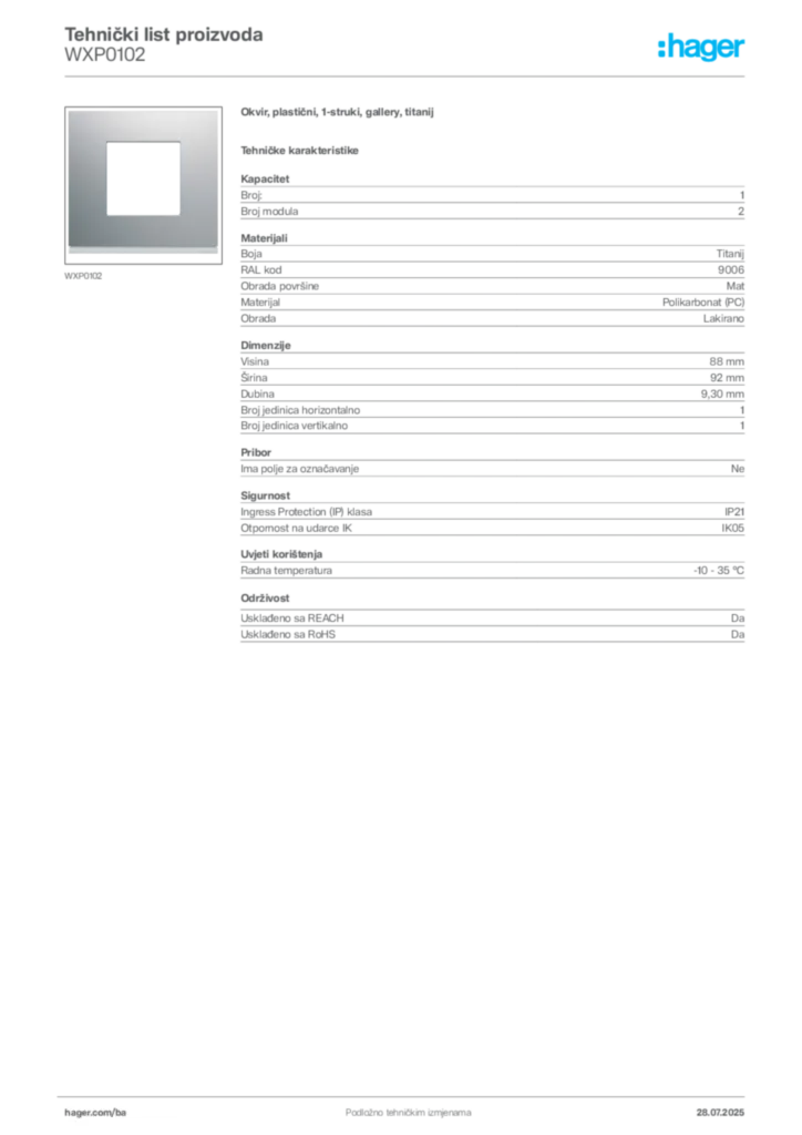 Slika Hager Product data sheet WXP0102  | Hager