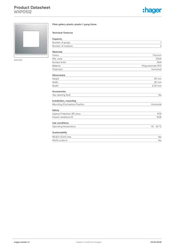 Image Hager Product data sheet WXP0102  | Hager