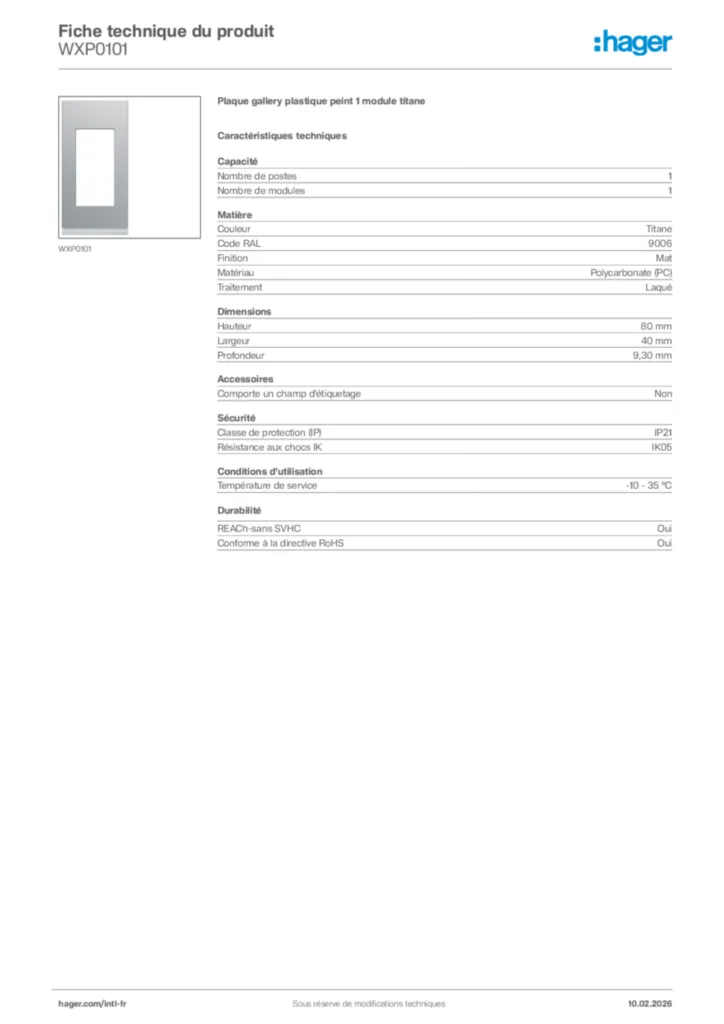Image Hager Fiche technique du produit WXP0101 | Hager Afrique