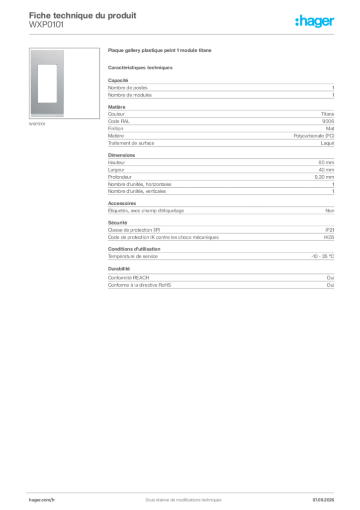 Image Hager Fiche technique du produit WXP0101 | Hager France