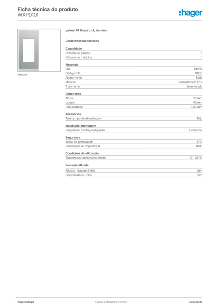 Imagem Hager Ficha técnica do produto WXP0101 | Hager Portugal