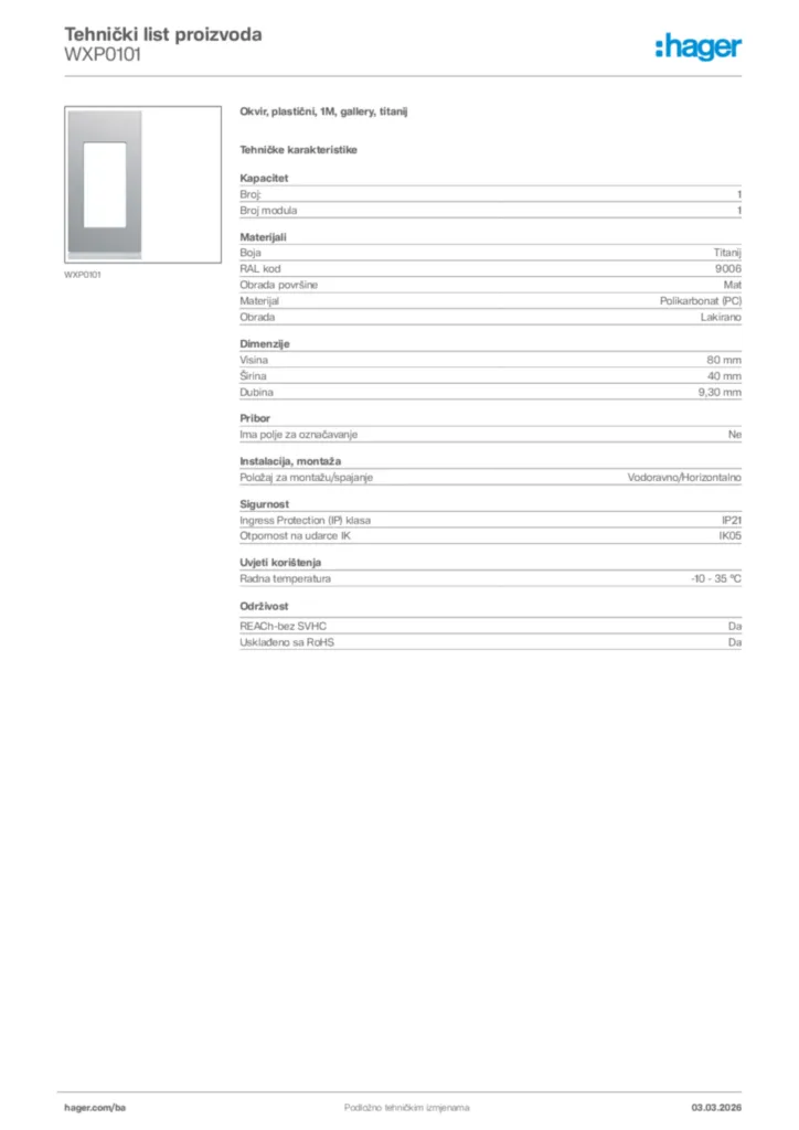 Slika Hager Tehnički list proizvoda WXP0101  | Hager