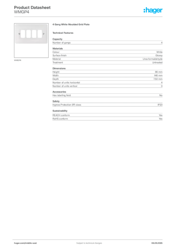 Image Hager Product data sheet WMGP4  | Hager