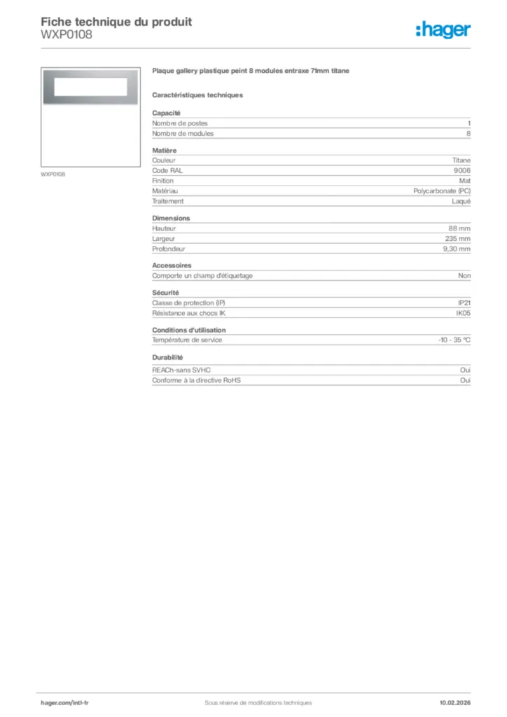 Image Hager Fiche technique du produit WXP0108 | Hager Afrique