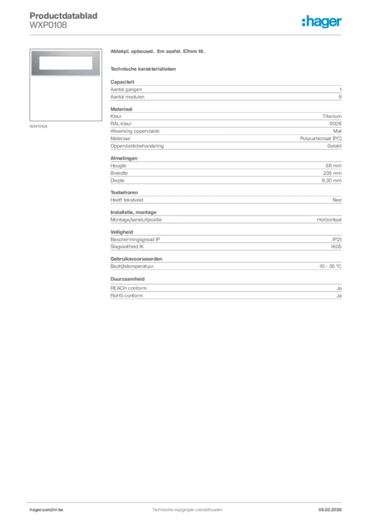 Afbeelding Hager Productdatablad WXP0108 | Hager Belgium