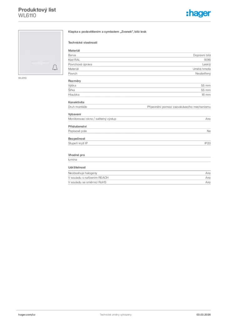 Obrázek Hager Product data sheet WL6110 | Hager